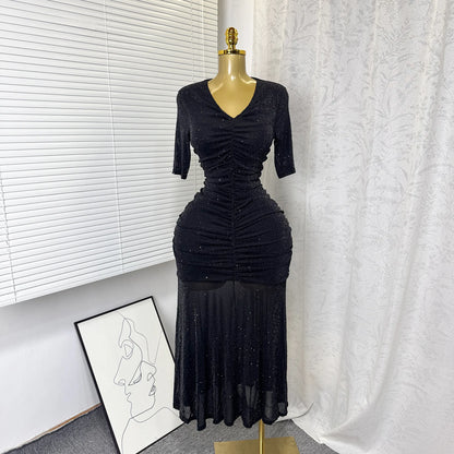 Women's Mesh Sequin Ruched V-neck Bodycon Dress - Detail View 8