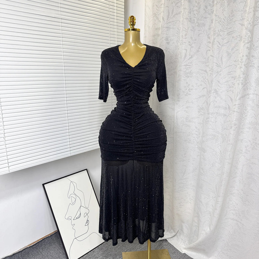 Women's Mesh Sequin Ruched V-neck Bodycon Dress - Detail View 8