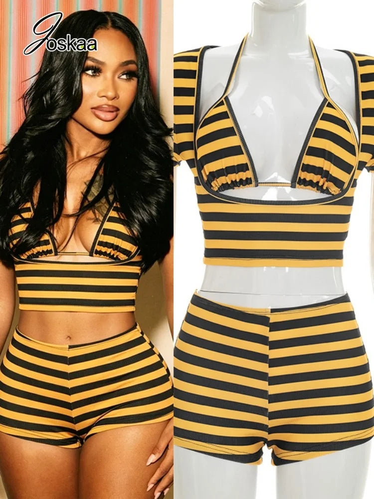 Women's Stripe Halter Short Sleeve Two Piece Set Red – Front View