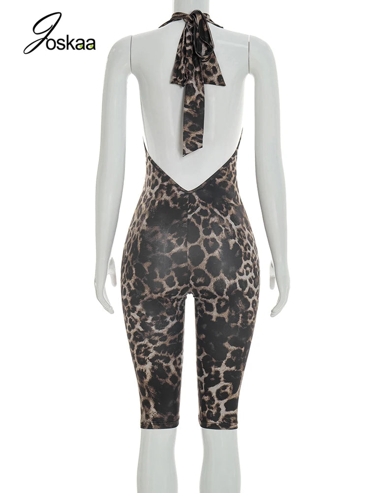 Women's Leopard Print Backless Halter Romper Leopard Print – Detail View
