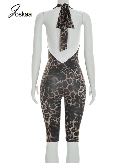 Women's Leopard Print Backless Halter Romper Leopard Print – Detail View