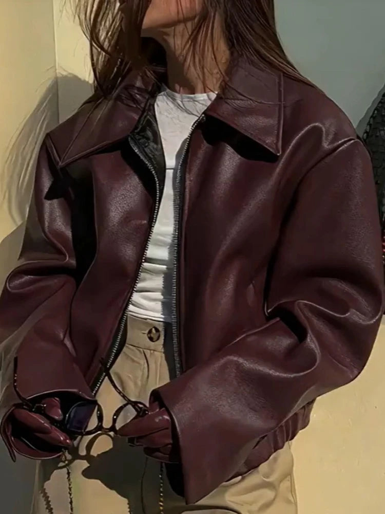 Women's Faux Leather Long Sleeve Zip Jacket Brown – Front View