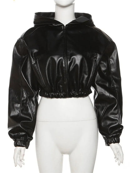 Women's Faux Leather Long Sleeve Zip Hooded Jacket