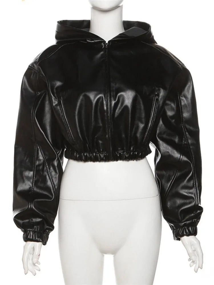 Women's Faux Leather Long Sleeve Zip Hooded Jacket