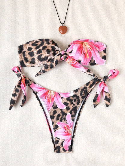 Joskaa Leopard Print Floral Print Lace Strapless Swimwear - swimwear image 3