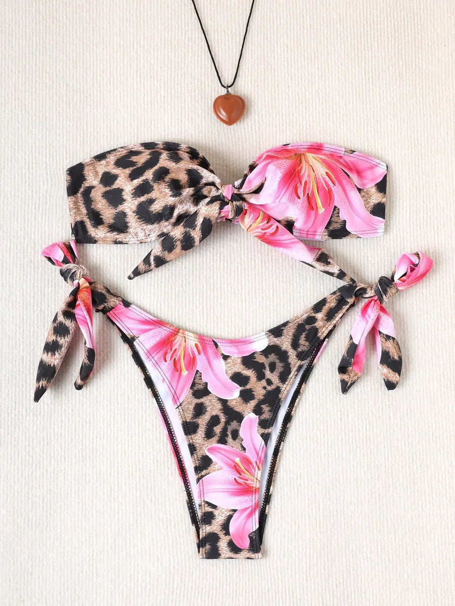 Joskaa Leopard Print Floral Print Lace Strapless Swimwear - swimwear image 3