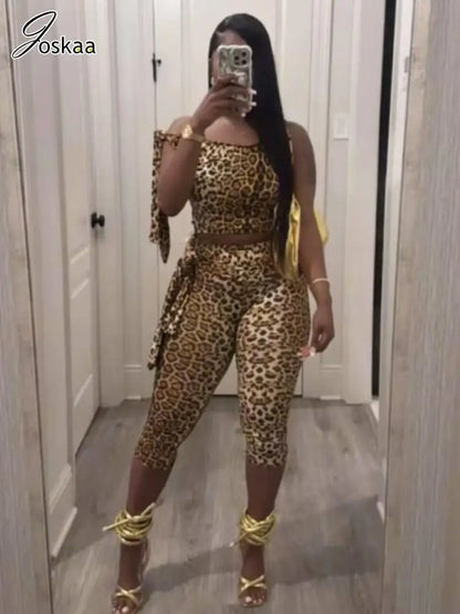 Women's Leopard Print Crop Two Piece Set Light Brown – Back View