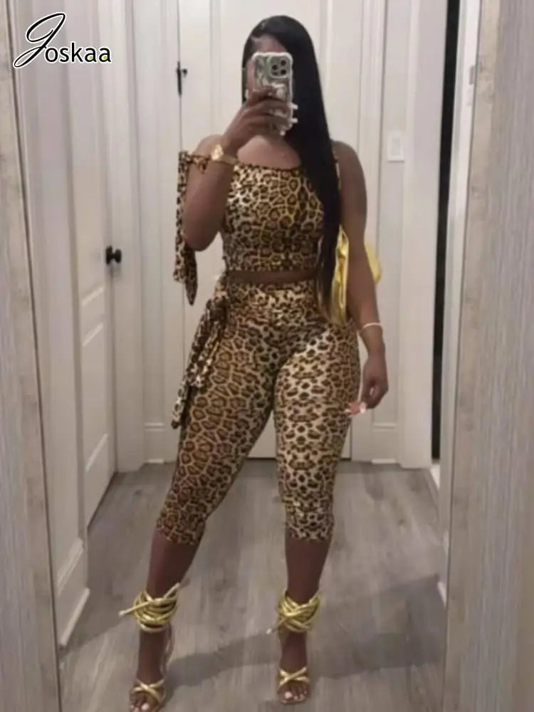 Women's Leopard Print Crop Two Piece Set Light Brown – Back View