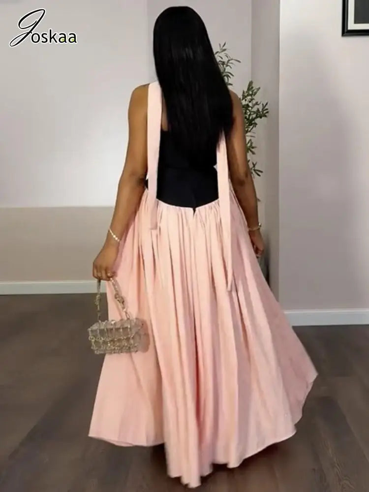 Women's Halter High Waist Bodycon Maxi Dress Pink And Black – Side View