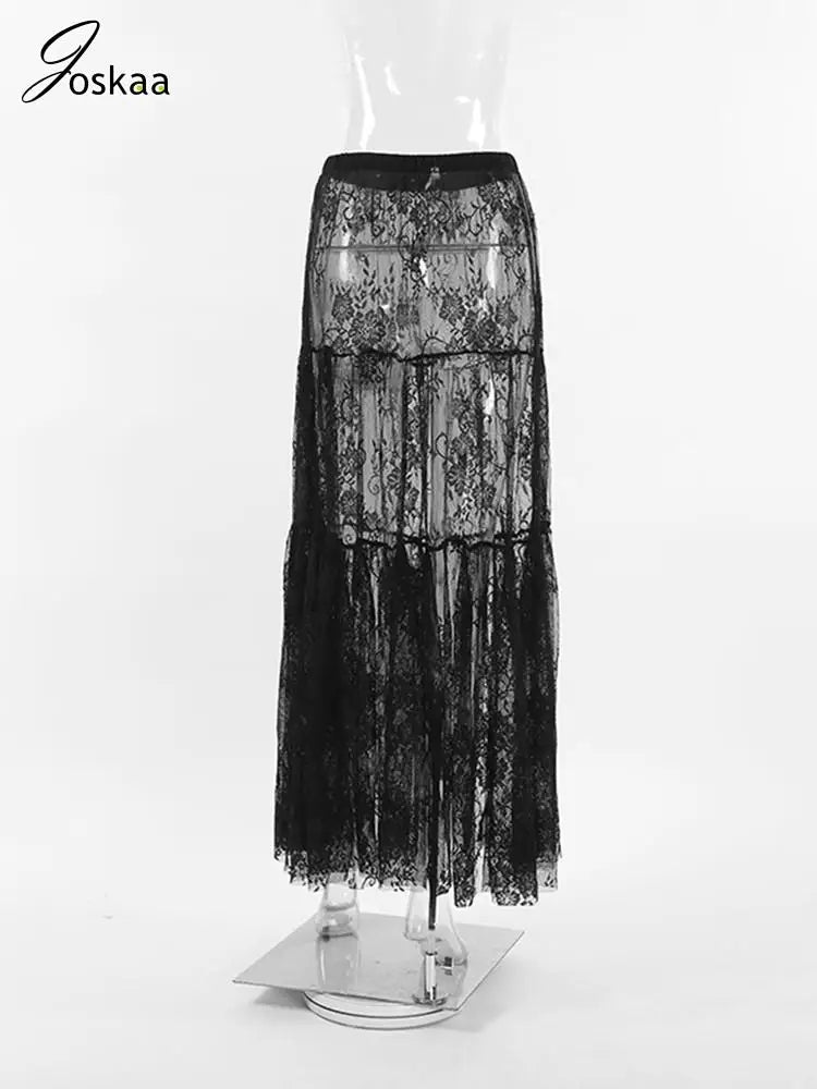Women's Lace Mesh High Waist Black Long Jacquard Skirt Black – Detail View