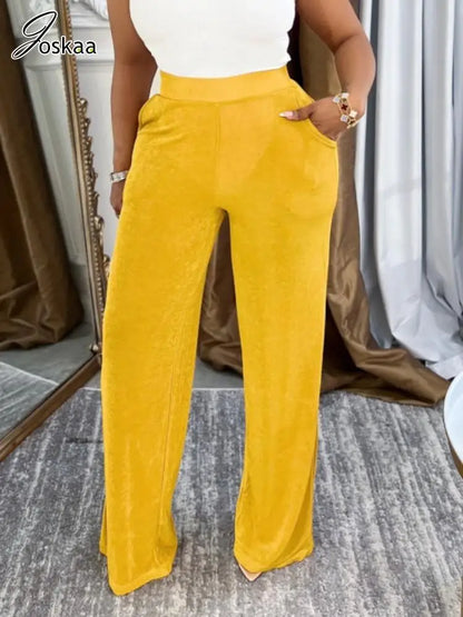 Women's Sequin High Waist Flare Wide Leg Shiny Pants Yellow – Side View