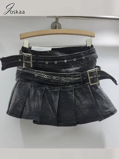 Women's Denim Mini Pleated Retro Low Skirt Camouflage – Back View