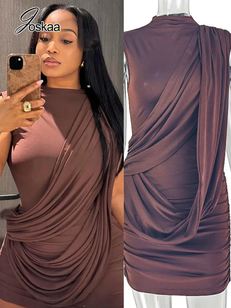 Women's Ruched Sleeveless One Shoulder Bodycon Mini Dress - Women's Fashion Wholesale - Front View