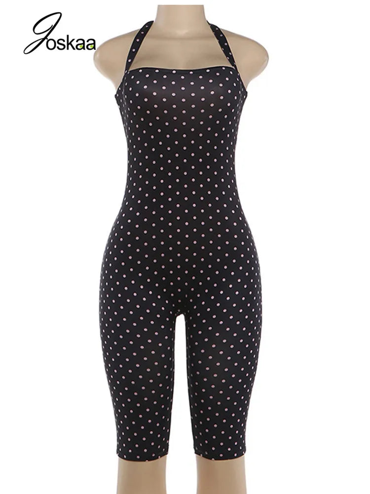 Women's Polka Dot Backless Halter Sleeveless Romper - Back View