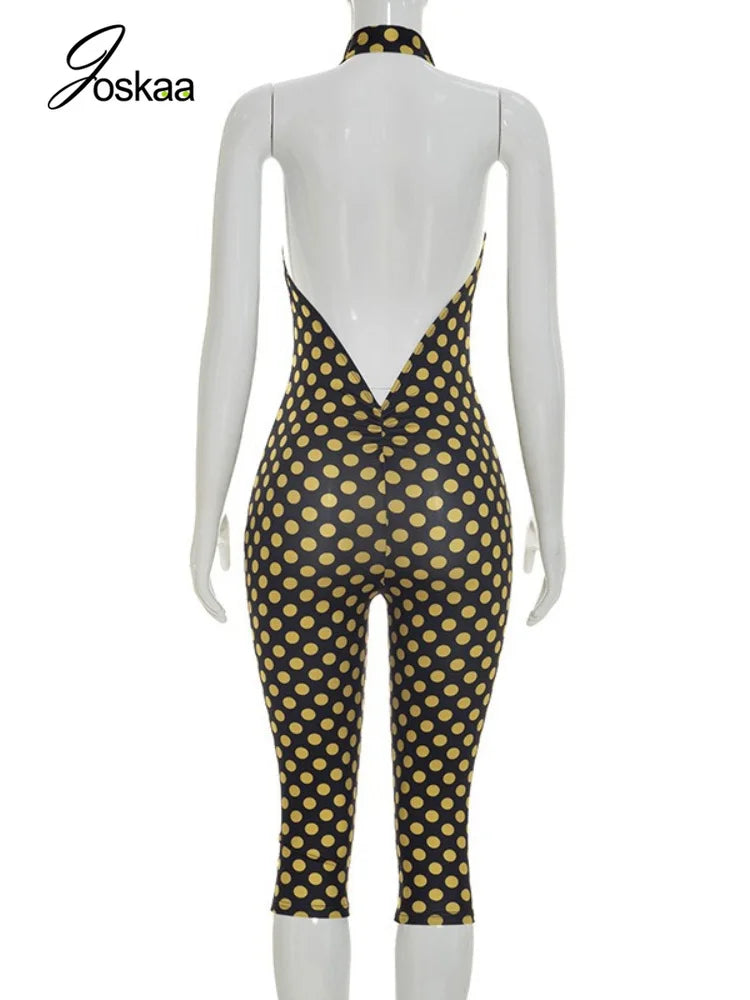 Women's Polka Dot Ruched Backless Romper Leopard Print – Detail View