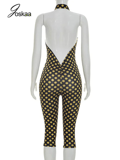 Women's Polka Dot Ruched Backless Romper Leopard Print – Detail View