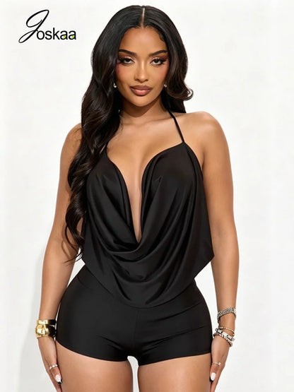 Women's Lace Ruched Backless Halter Romper Dusty Pink – Front View