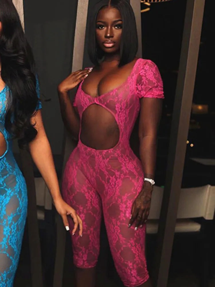 Women's Lace Backless Cutout Short Sleeve Romper