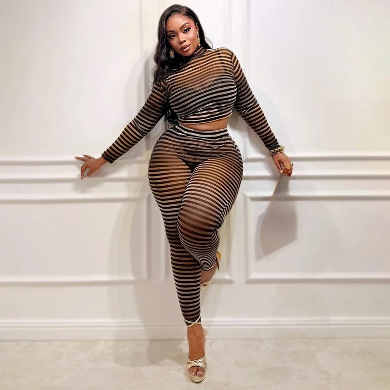 Women's Striped Mesh Long Sleeve High Waist Two Piece Set - Additional View 10