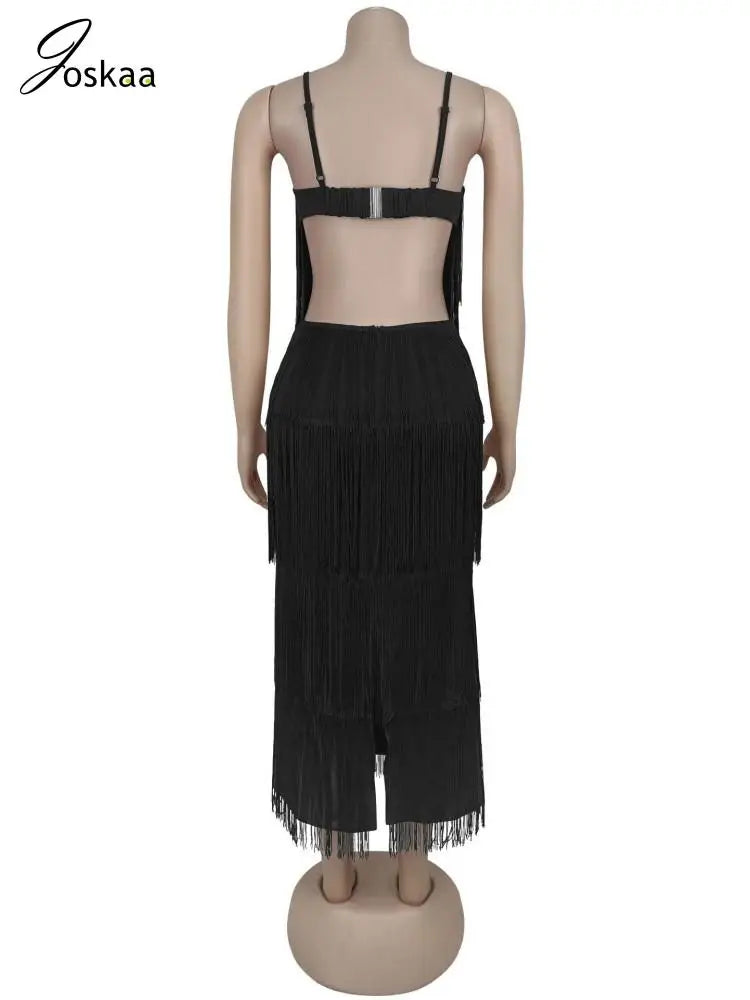 Women's Backless Cutout Long Fringe Strappy Maxi Dress Black – Detail View
