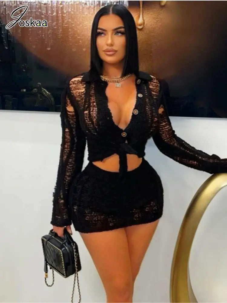 Women's Knit Cutout Long Sleeve Bikini Set Black – Side View