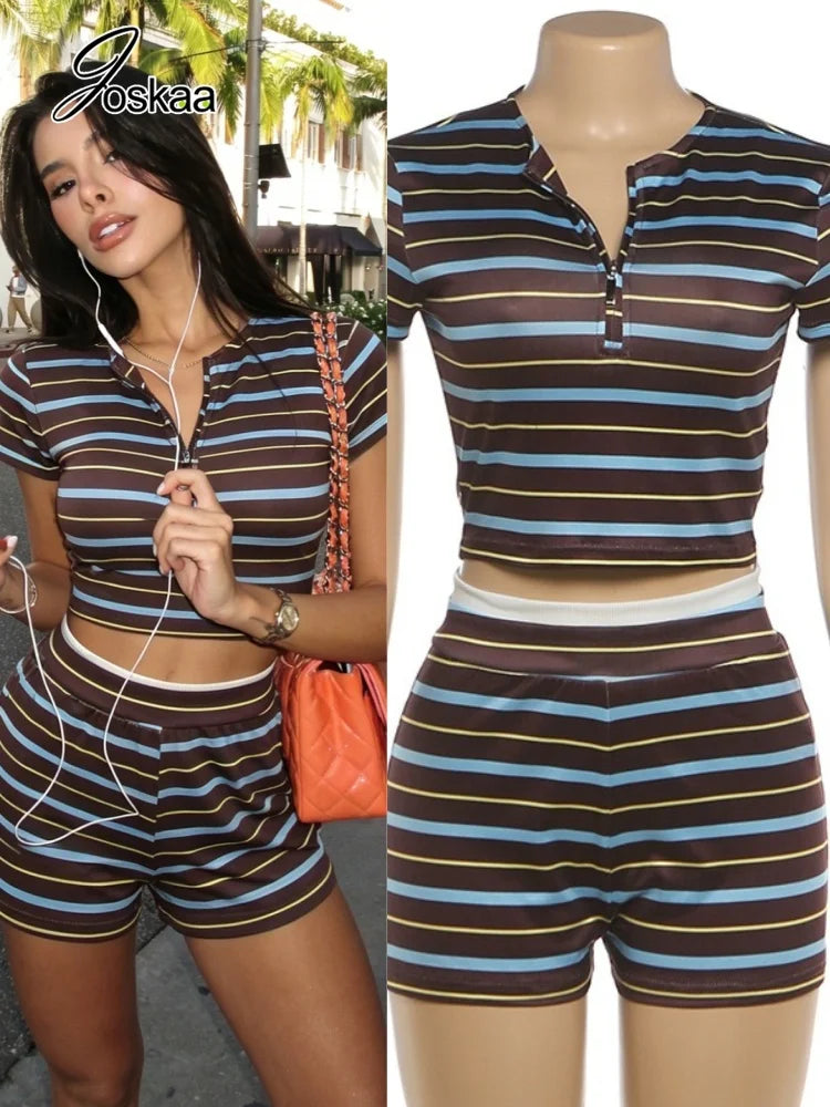 Women's Stripe Short Sleeve Crop Two Piece Set – Women's Fashion Wholesale – Front View