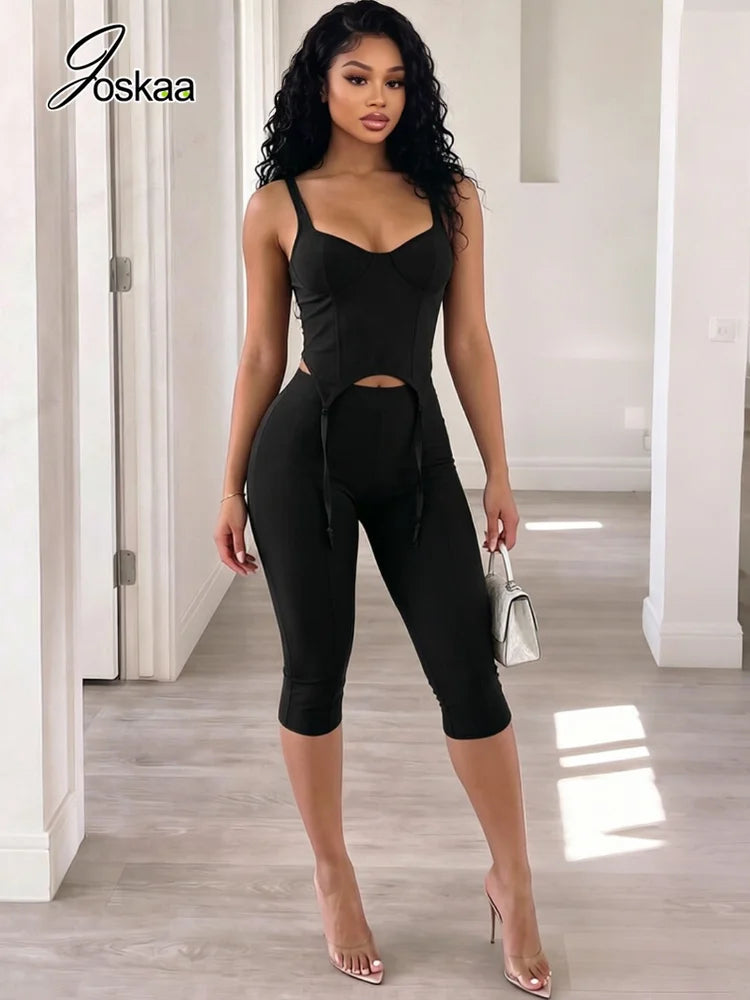 Women's Backless Crop Low-neck Tassel Decoration Two Piece Set Black – Side View