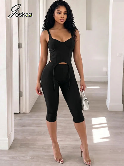 Women's Backless Crop Low-neck Tassel Decoration Two Piece Set Black – Side View