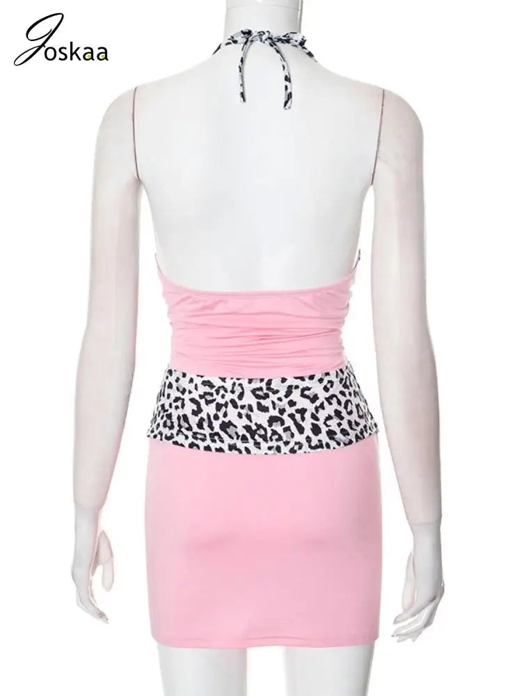 Women's Leopard Print Lace Ruched Mini Dress Pink – Detail View