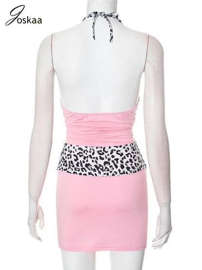 Women's Leopard Print Lace Ruched Mini Dress Pink – Detail View