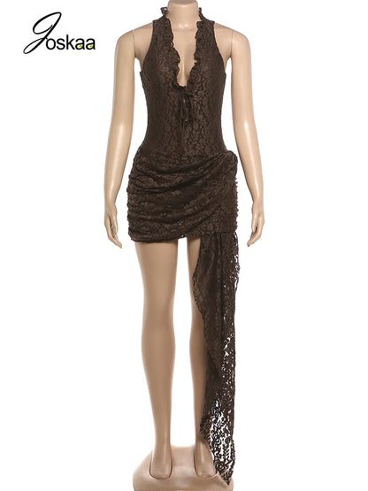 Women's Lace Sleeveless Bodycon Mini Dress Coffee – Back View