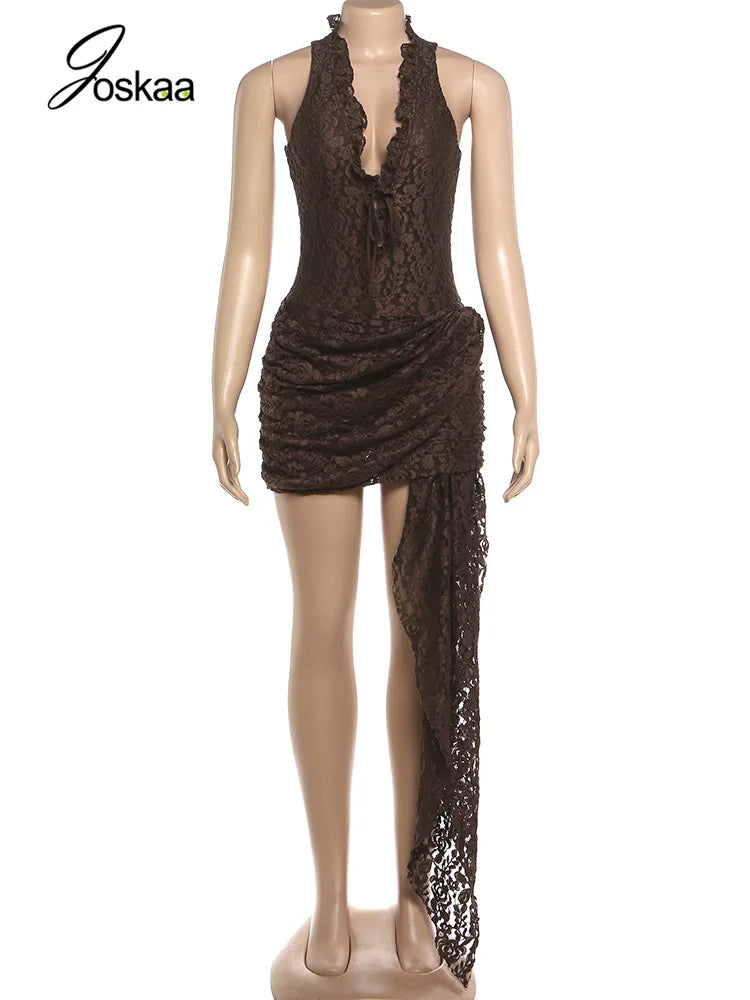 Women's Lace Sleeveless Bodycon Mini Dress Coffee – Back View