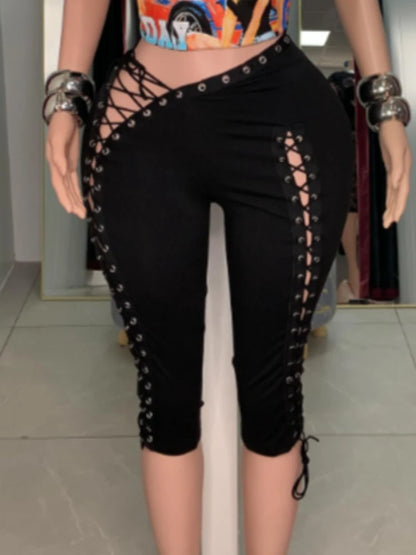 Women's Lace Cutout Bodycon Pants Gothic Capri Leggings - Model Wearing Style