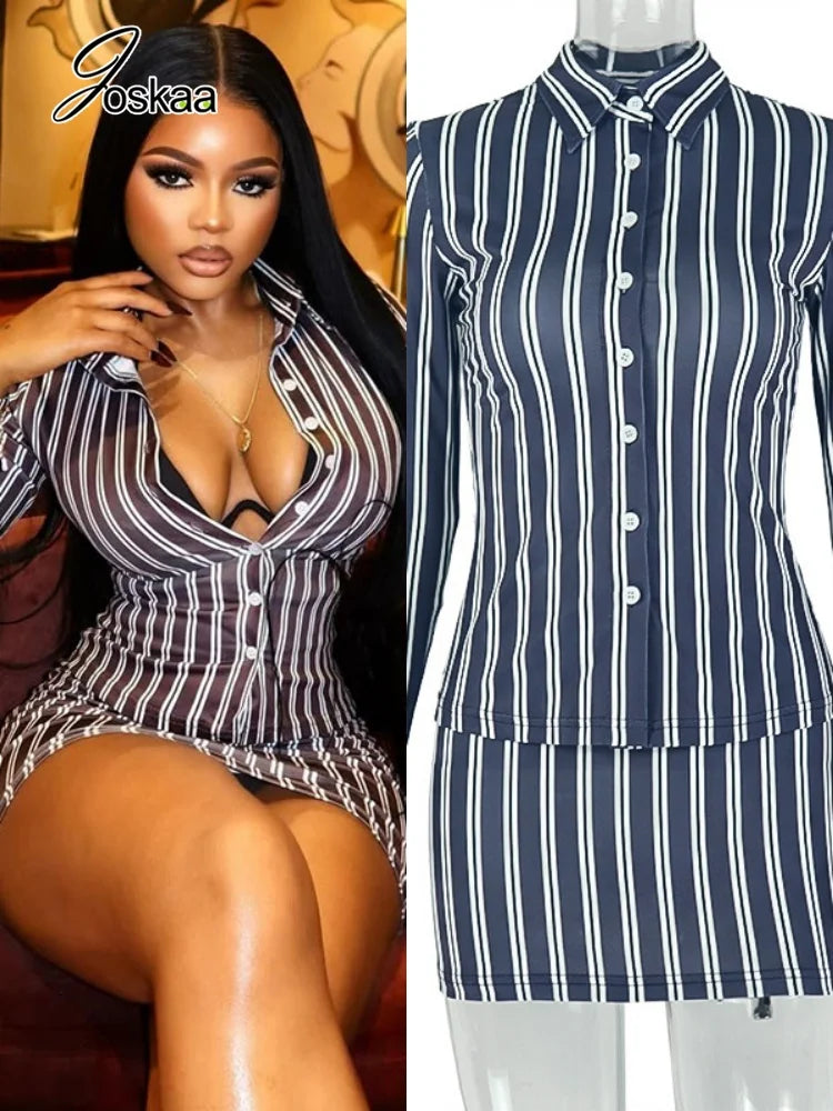 Women's Stripe Long Sleeve Mini Two Piece Set – Women's Fashion Wholesale – Front View