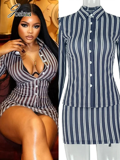 Women's Stripe Long Sleeve Mini Two Piece Set – Women's Fashion Wholesale – Front View