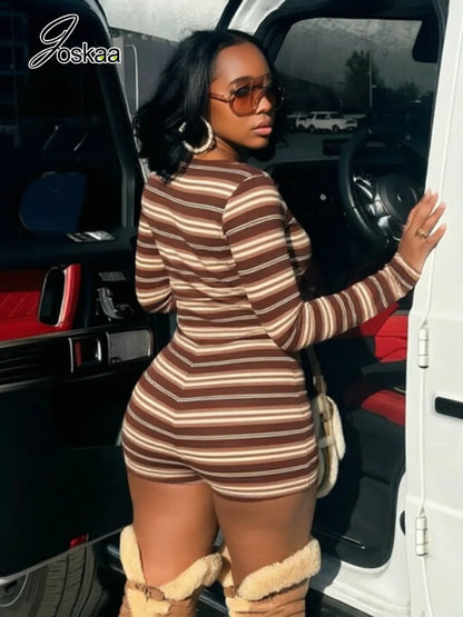 Women's Striped V-neck Long Sleeve Bodycon Romper - Front View