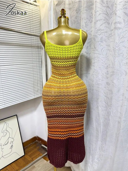 Wholesale Women's Stripe Knit Ribbed Maxi Dress Blue – Back View