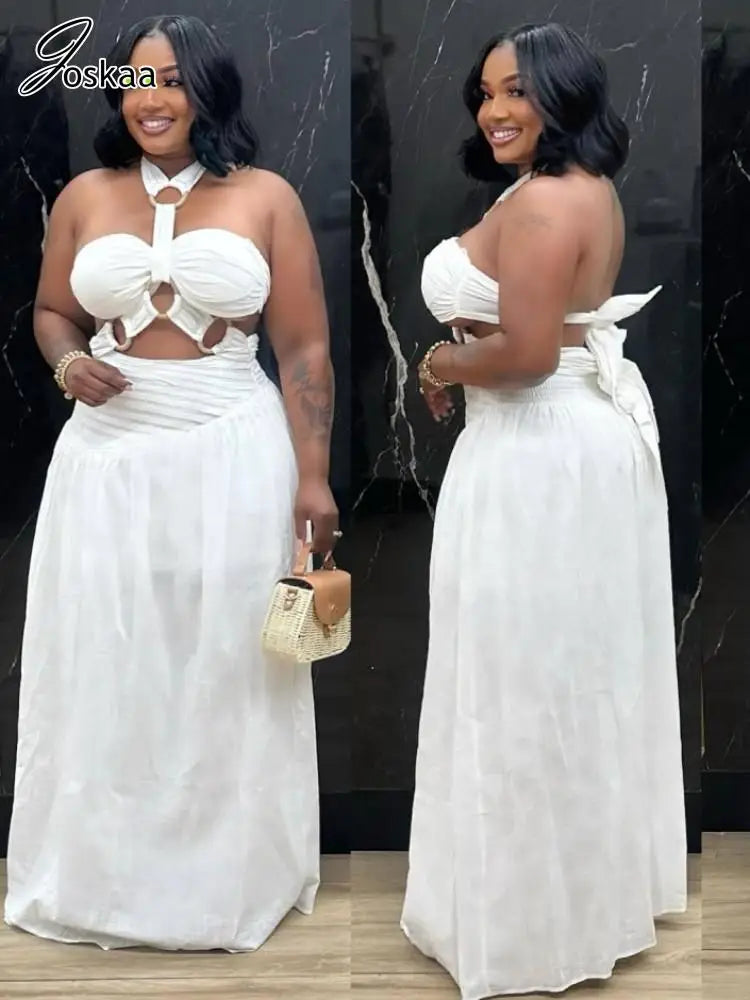 Women's Backless Halter Maxi Two Piece Bikini Set White – Front View