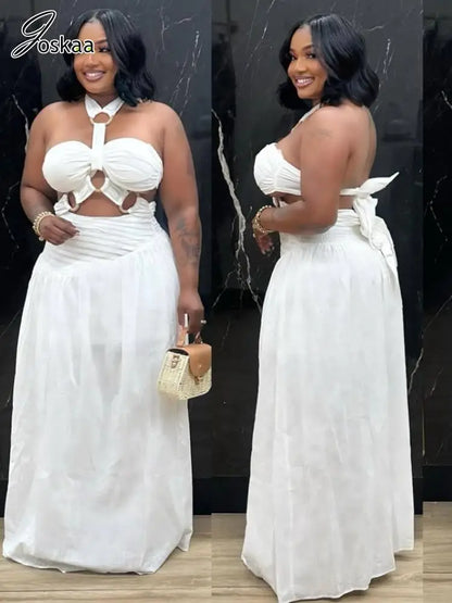 Women's Backless Halter Maxi Two Piece Bikini Set White – Front View