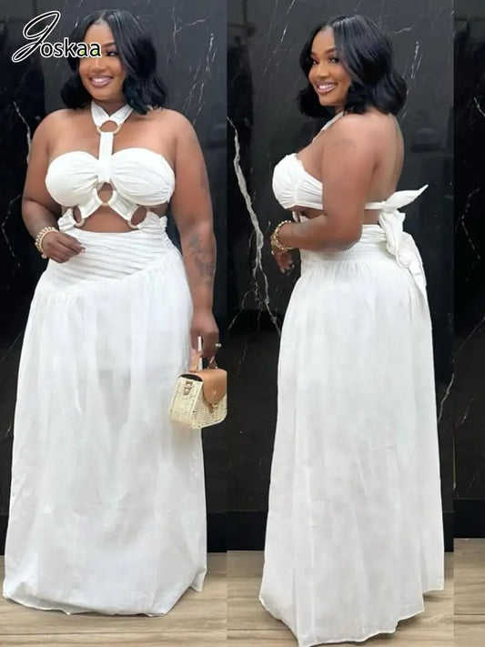 Women's Backless Halter Maxi Two Piece Bikini Set White – Front View
