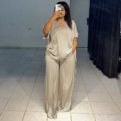 Women's Stripe Short Sleeve Flare Two Piece Set