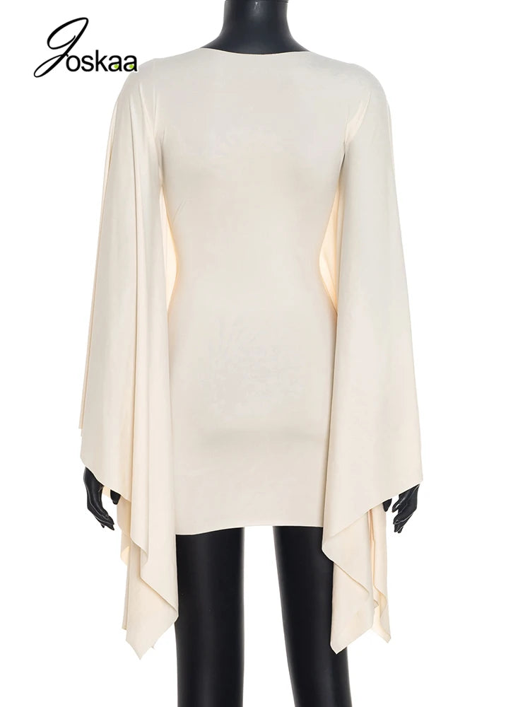 Women's Ruched Bodycon Bat Sleeve Trend Mini Dress Apricot – Detail View