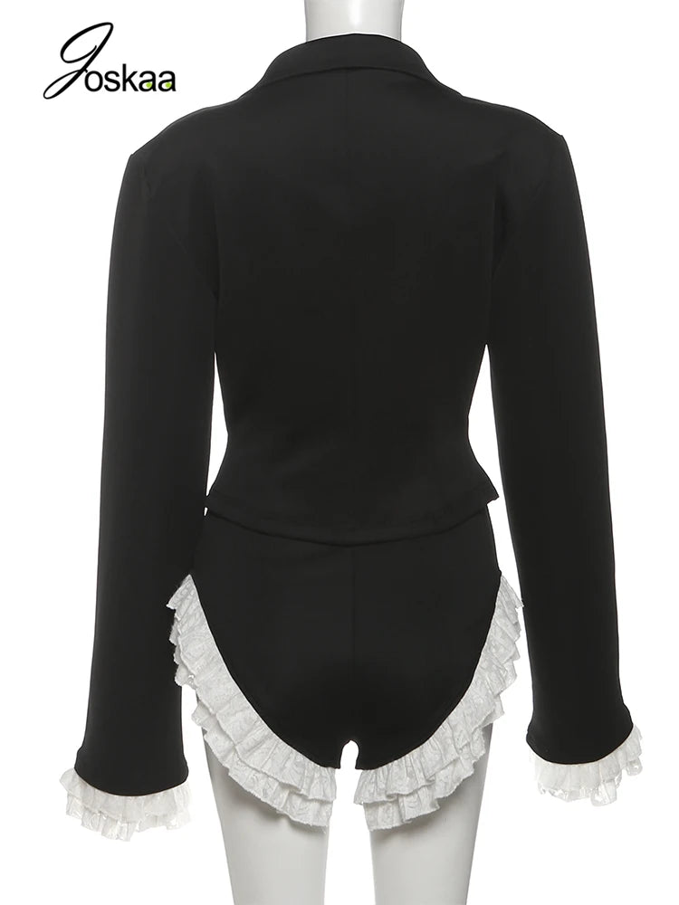 Women's Lace Long Sleeve High Waist Two Piece Set Black – Detail View