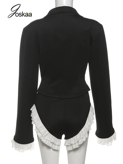 Women's Lace Long Sleeve High Waist Two Piece Set Black – Detail View