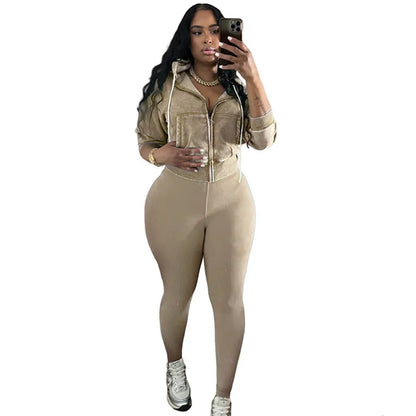 Women's Long Sleeve Zip Hooded Two Piece Set