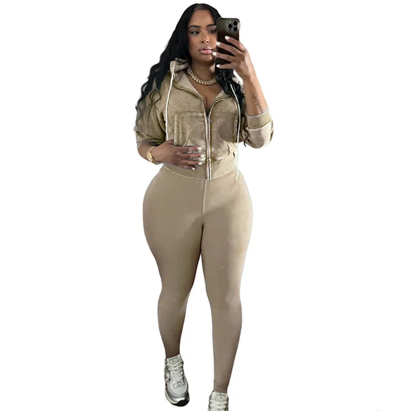 Women's Long Sleeve Zip Hooded Two Piece Set