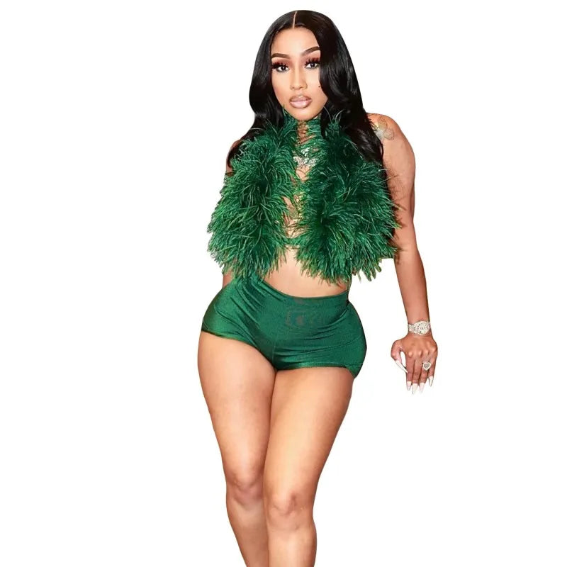 Women's Satin Halter Feather for Solid Two Piece Set