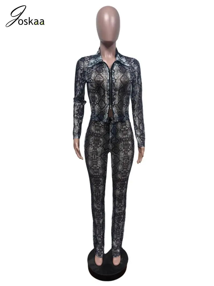 Women's Snake Print Mesh Long Sleeve Two Piece Set Black – Back View