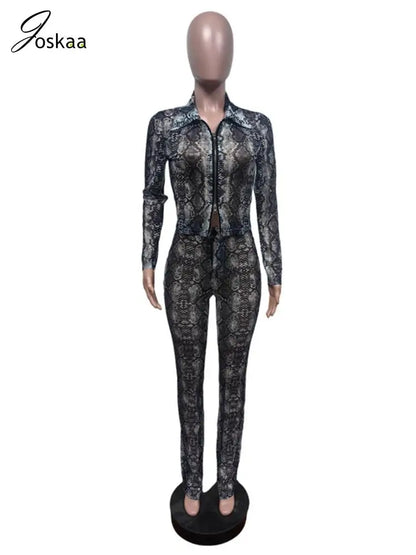 Women's Snake Print Mesh Long Sleeve Two Piece Set Black – Back View