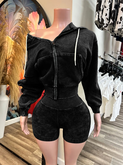 Women's Long Sleeve Zip Hooded Two Piece Set